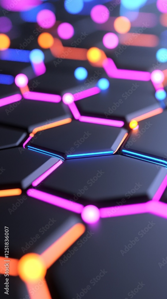 Poster abstract hexagonal grid with neon lights.