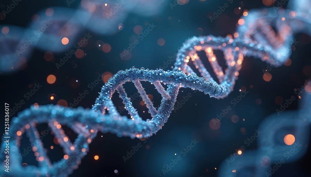 Poster closeup abstract of futuristic dna strand model. bubbles cover deoxyribonucleic acid helix. health o
