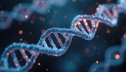 Closeup abstract of futuristic DNA strand model. Bubbles cover deoxyribonucleic acid helix. Health organizations and science research institutions can use image. Tech companies use it for innovation.