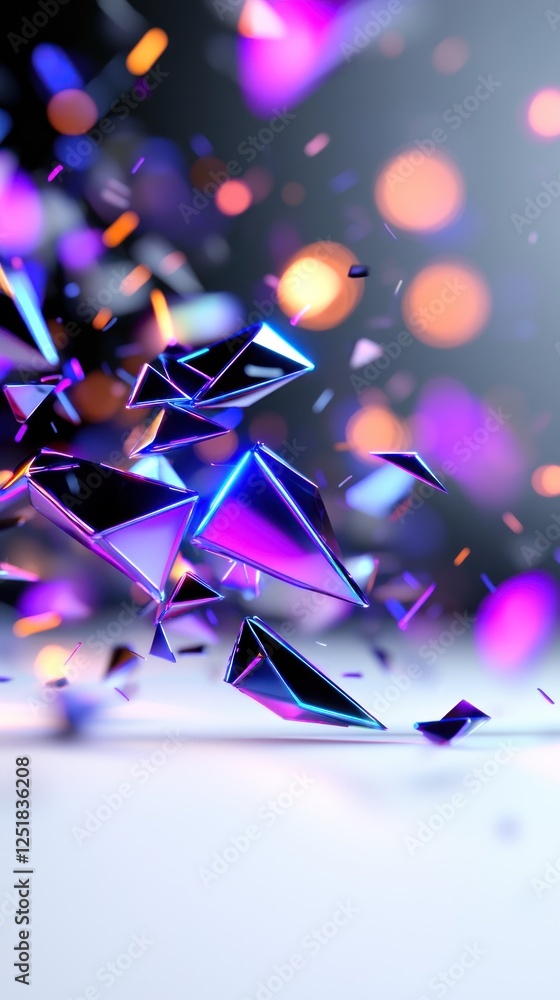 Poster abstract image of iridescent, geometric shapes exploding against a dark background with bokeh lights