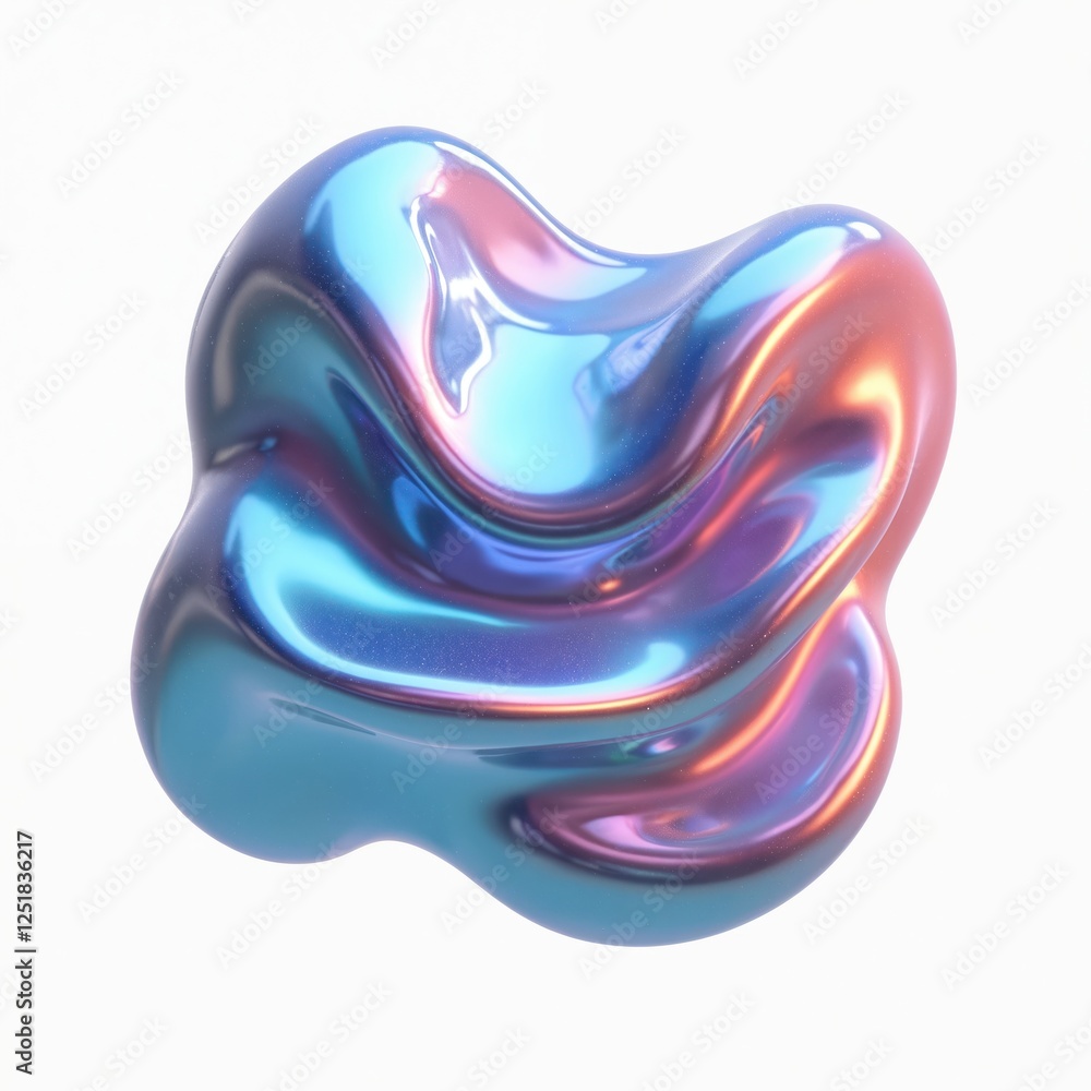 Fototapete 3D shiny fluid form metallic shape with blue, purple, red gradient colors on white background. Chrome neon liquid 3d rendering blob with smooth reflective surface. Tech, design concept.