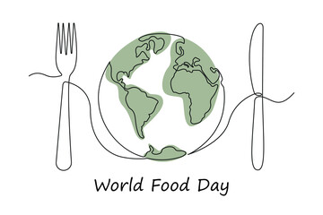 World Food day in one continuous line in color. One line drawing, minimalism. Vector illustration.