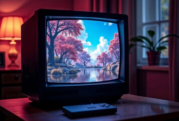 Fototapeta premium Vintage Dreamscape. A retro television set displays a tranquil fantasy landscape, evoking a nostalgic and dreamlike atmosphere.