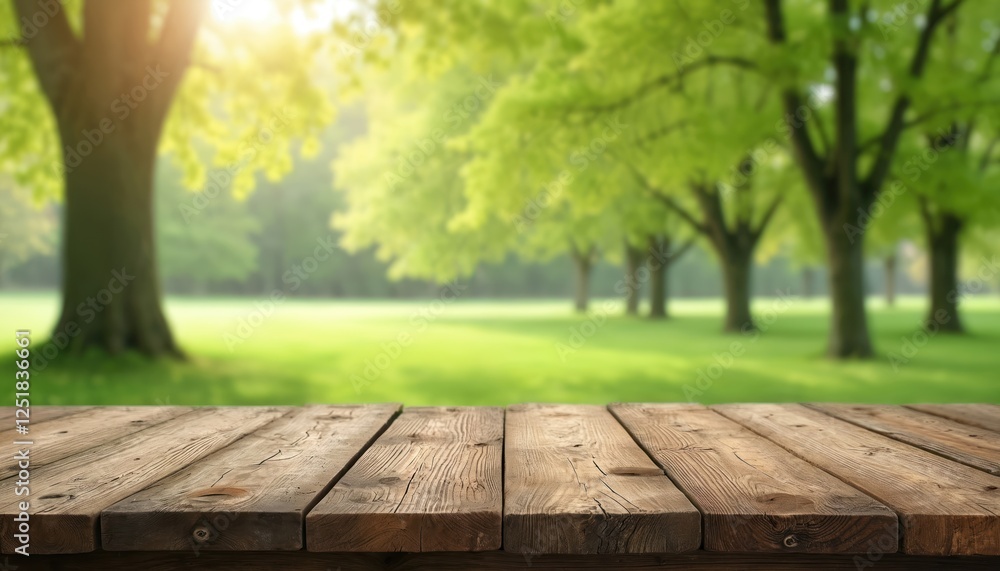 Poster rustic wooden surface presents a scenic green landscape. spring foliage glows under sunlight on lawn