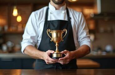 Chef holds golden trophy in restaurant. Culinary expert receiving award. Pro cook celebrates victory. Achievement in kitchen. Concept for master class, cooking competition. Restaurant business
