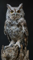 Screech Owl Perched on Tree Stump
