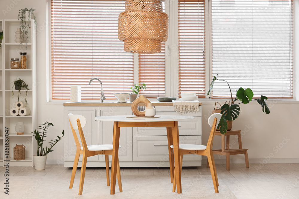 Wall mural Interior of light kitchen with dining table, counters and plants