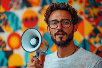 Charismatic man holding a megaphone amidst vibrant icons representing communication, activism, and the strategic outreach potential influencer marketing