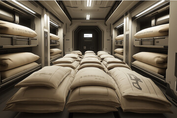 Futuristic Cargo Hold: Beige Supply Bags in a Spaceship