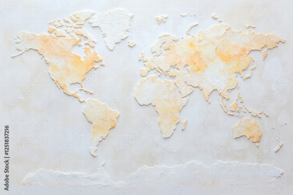 Poster detailed textured map of the world displayed on a minimalist wall in soft pastel shades. generative 