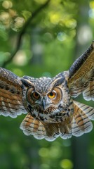 Obraz premium The rich hues of orange, red, and gold leaves create a warm and dynamic setting for its flight.