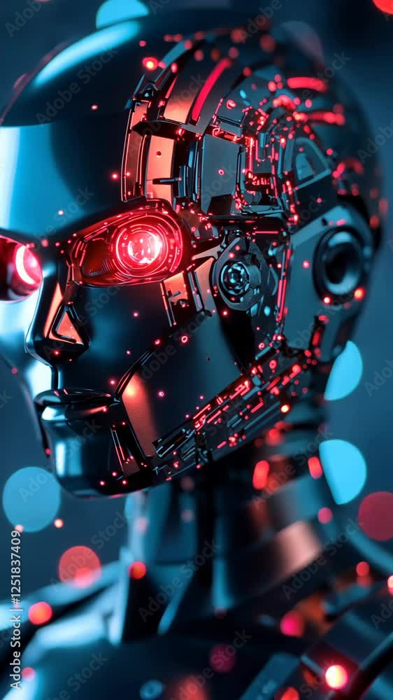 Poster futuristic robot with glowing eyes in a high-tech environment showcasing advanced technology