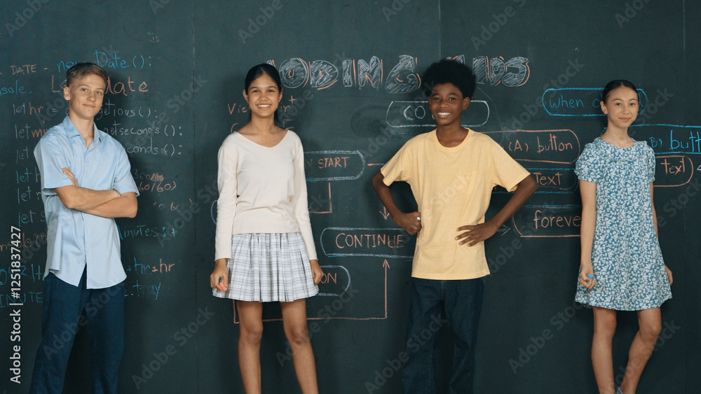 Poster multicultural people pose at camera while standing with confident. diverse high school children cros