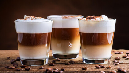 glasses of latte macchiato coffee on a wooden background