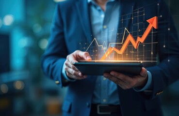 Man in suit holds tablet with rising graph. Orange chart shows growth analytics data. Investment analysis and tech solutions for business success represented. Finance trends.