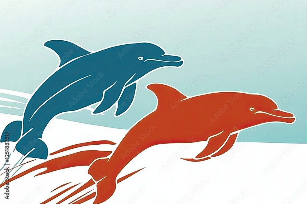 Poster minimalist representation of dolphins leaping in a serene sky at dusk with a soft gradient