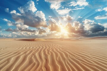 Naklejka premium Sunlit Desert Landscape with Clouds and Sand Dunes