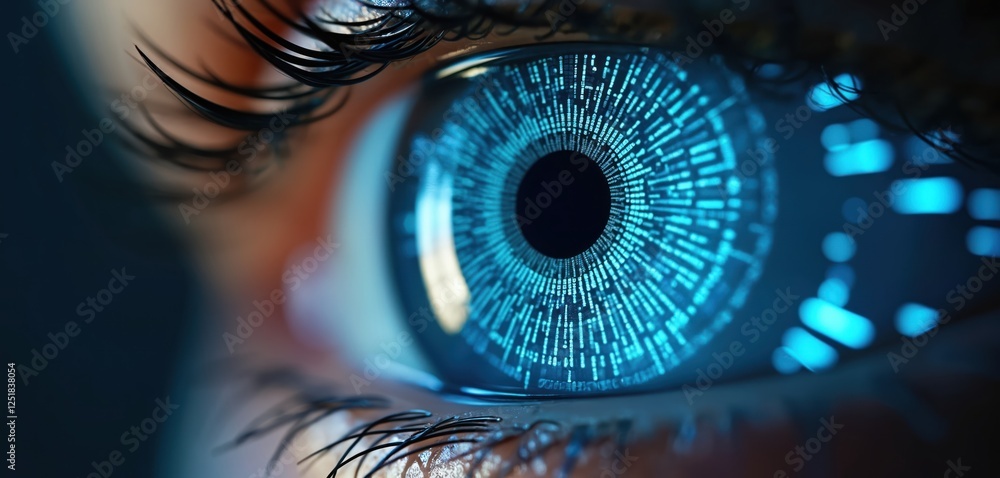 Poster close-up of human eye with intricate blue digital cybernetic patterns reflecting biometric identific