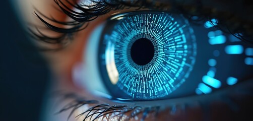Close-up of human eye with intricate blue digital cybernetic patterns reflecting biometric identification tech. Eye scanning concept. Future authentication, hi-tech security, advanced retina