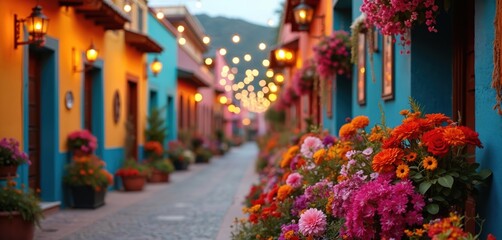 Festive street displays vibrant colors with flowers lanterns. Cobbled path passes by architecture. Decoration for Day of Dead celebration. Cultural heritage, tourism in historical mexican town alley.