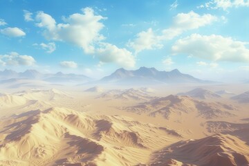 Naklejka premium Expansive Desert Landscape with Mountain Range and Blue Sky