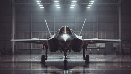Powerful stealth fighter jet in a hangar, poised for takeoff. The sleek design and powerful presence are captured in this image.