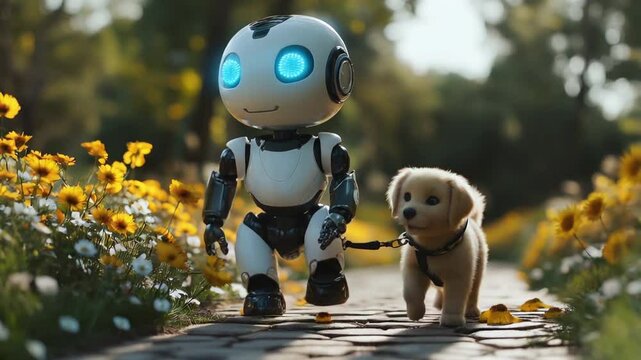 A cute robot is walking a dog at the park.
