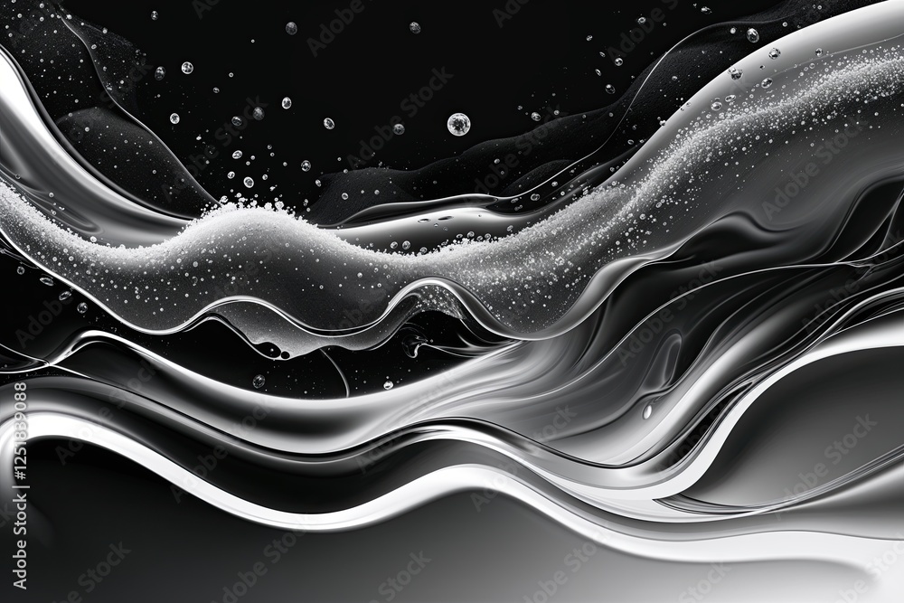 Poster black and white abstract grainy noise texture with fluid liquid flow and smooth gradient background