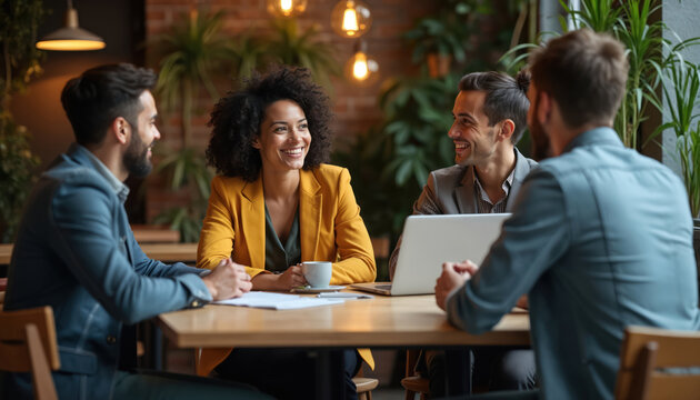 Group of multiethnic coworkers in casual business discussion at cafe. Creative designer team shares positive ideas, conversation laugh smile. Cheerful authentic team meeting in office. Brainstorming