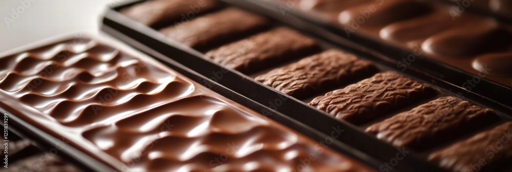 Poster chocolate trays displayed in a confectionery shop highlighting various shapes and textures of sweets