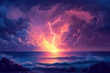 A dramatic sunset over a stormy sea with lightning striking