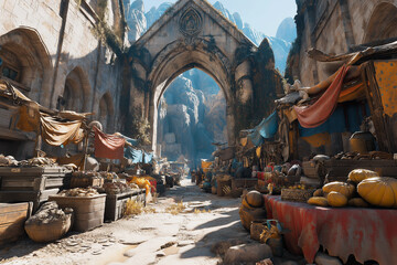 Ancient Marketplace nestled within Majestic Mountain Pass