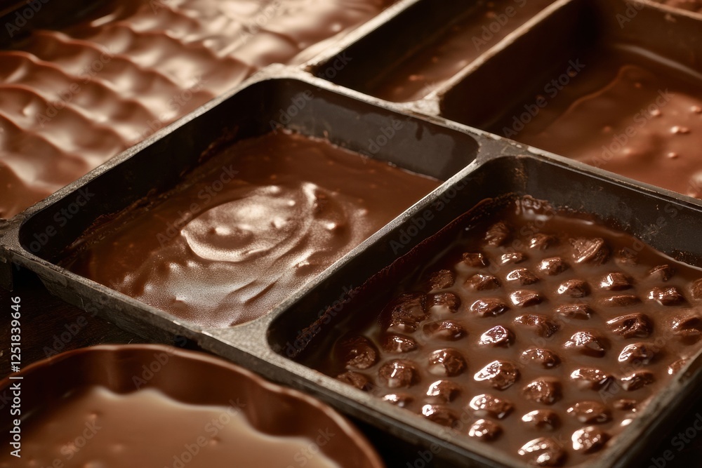 Poster chocolate preparation process in various molds at a confectionery workshop in the afternoon. generat