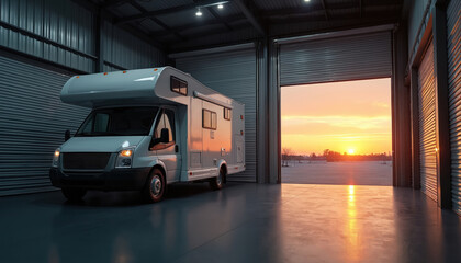 Motorhome parked inside storage facility. Sunset light shines through garage door on RV. Vehicle ready for road trip adventure. Safe parking for camper during travel season.