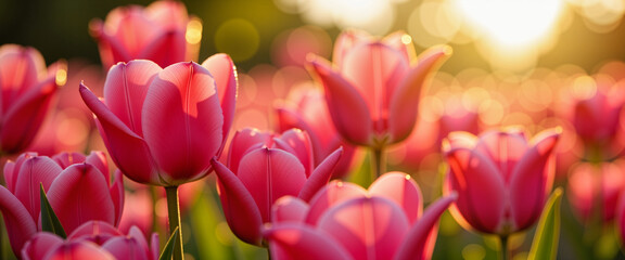 Obraz premium Vibrant pink tulips glowing in sunset light, Tulip Festival