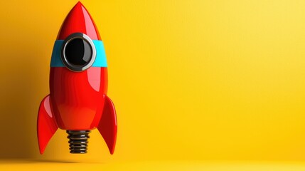 Red rocket launching, yellow background, startup concept