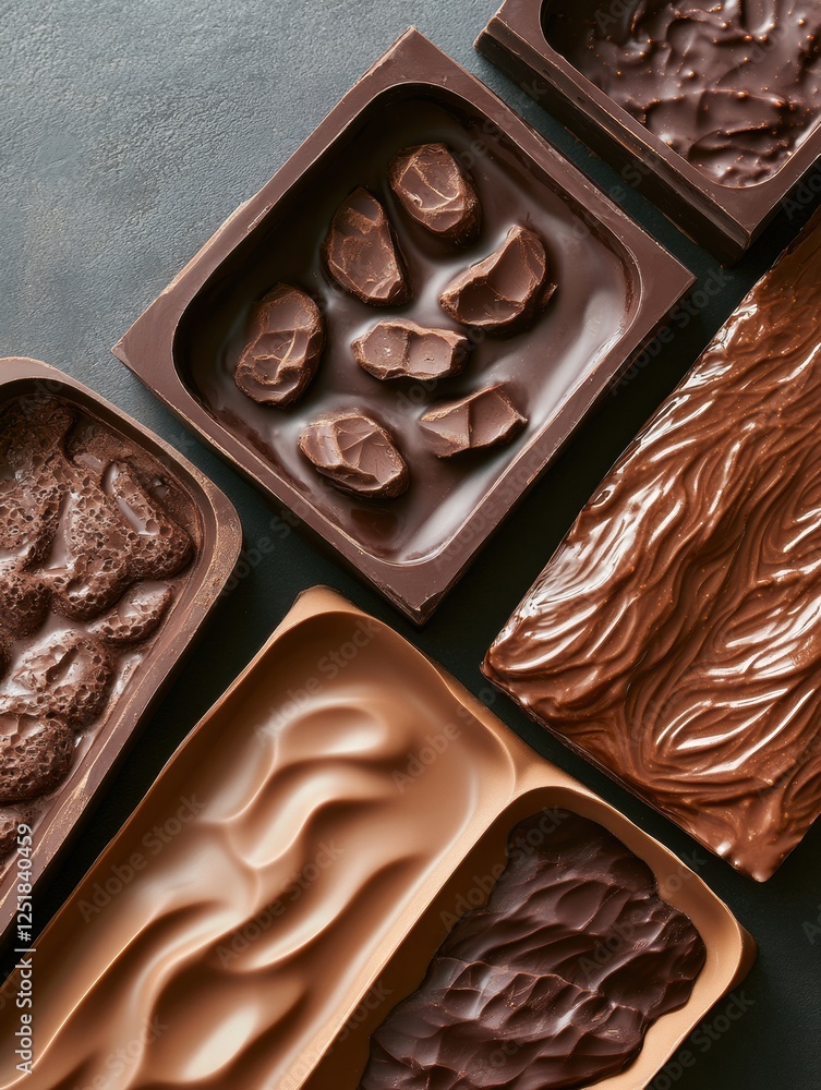 Aufkleber unique chocolate molds displaying various textures and shapes in a culinary layout. generative ai