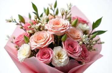 Bouquet of soft pink, peach and white roses in wrapping paper on white background. Elegant bunch of fresh flowers for anniversary, wedding, celebration. Romantic gift for woman or girl.