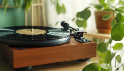 Obraz premium vintage record player sits on wooden table surrounded by lush green plants, creating cozy and inviting atmosphere
