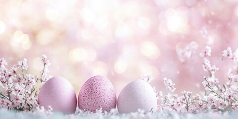Spring celebration features decorative Easter eggs surrounded by delicate flowers
