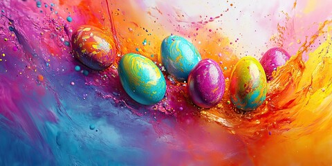 Colorful Easter eggs decorated with vibrant paint splashes create a festive atmosphere during spring celebrations