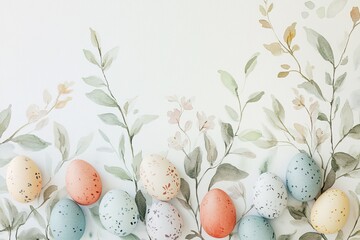Colorful decorated eggs arranged on a light background with delicate foliage during a spring celebration