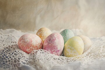 Colorful Easter eggs arranged on a delicate lace cloth for spring celebrations and festive traditions