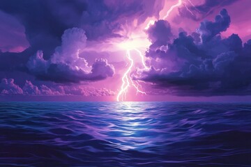 Lightning Strike Over a Purple Ocean