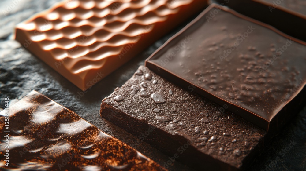 Poster different varieties of chocolate bars arranged on a textured surface in natural light showcasing the
