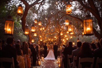 Wedding Ceremony Underneath a Tree Canopy Lit with Lanterns