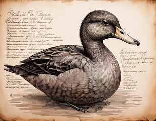 Old hand drawing for scientific illustration of mallard duch annotations on the sides on old, stained paper.