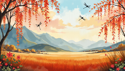 Vibrant dragonflies soaring over autumn landscape at sunset, nature's beauty, Chinese landscape, watercolor style