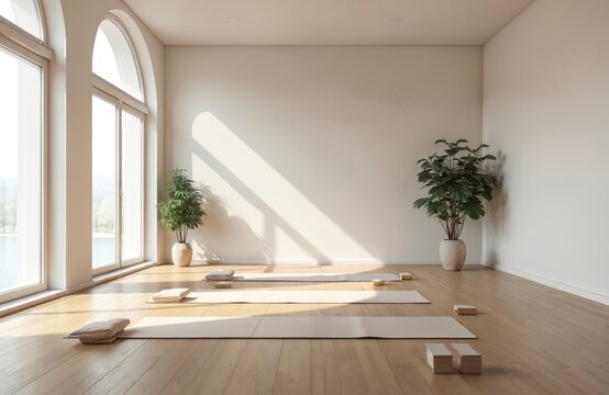Interior of empty modern yoga pilates room with wooden flooring, mats. Large windows provide natural light. Potted plants add zen atmosphere. Concept for relaxation, recreation, sport, exercise,