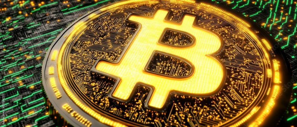 Poster Digital currency symbol with glowing circuits and technology background